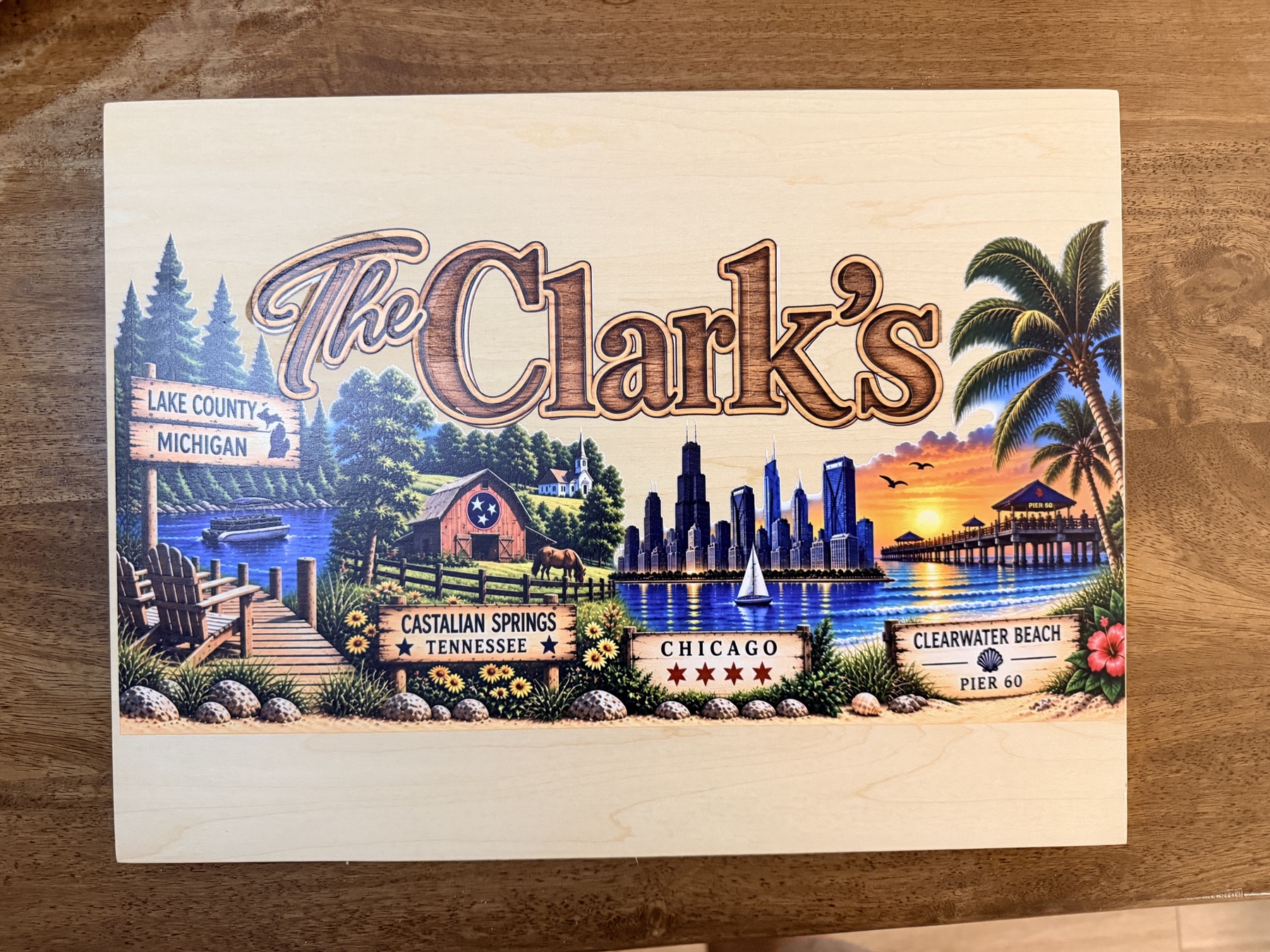Personalized Clarks family sign featuring Michigan, Tennessee, Chicago and Clearwater Beach