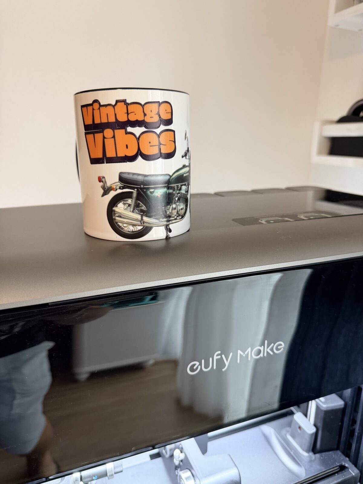 Custom sublimation-printed ceramic mug with retro vintage motorcycle design