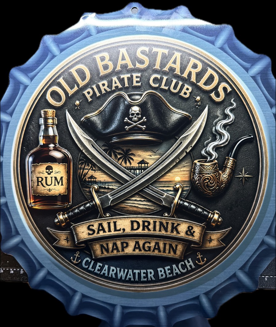 Custom bottle-cap shaped metal man cave sign, Old Bastards Pirate Club design, Clearwater Beach