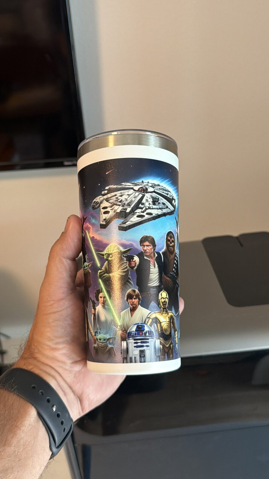 Personalized skinny 12oz tumbler with custom Star Wars-themed wrap design